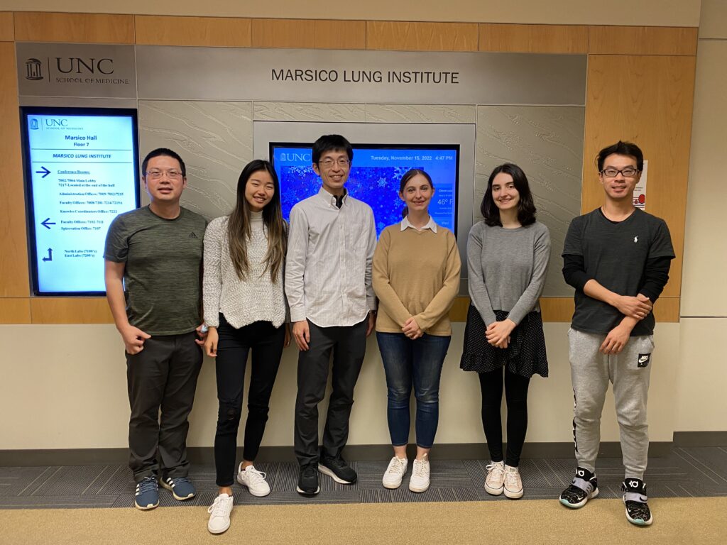 A group photo of the members of the Chen Lab in Marsico Hall.
Members included are, from left to right, Dr. Chen, Lynn, Koichi, Olivia, Taraneh, and Ling.
